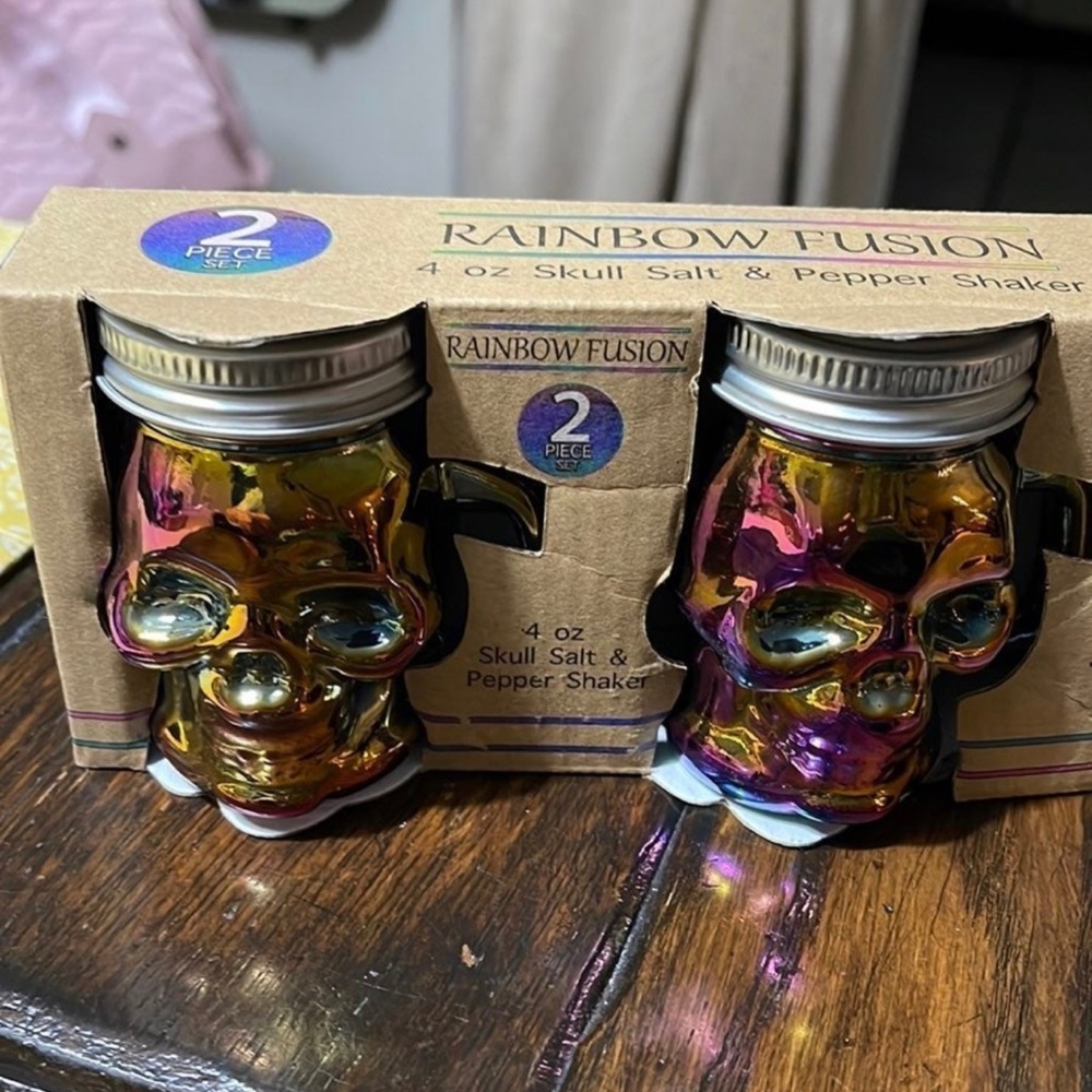 Rainbow Fusion Halloween Multi Color "Skulls" Salt & Pepper Shakers